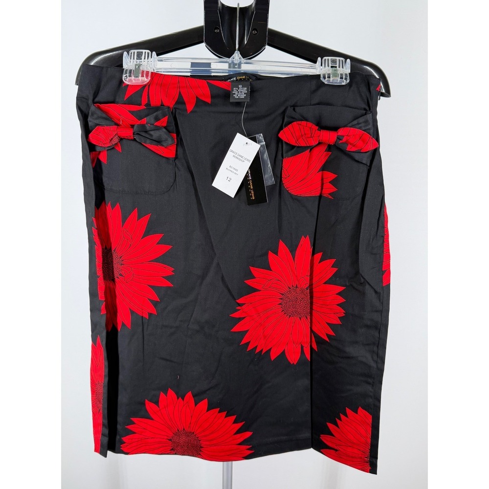 Grace Dane Lewis Workshop Floral Pencil Skirt Black Red Sunflower Bow Pocket 14
